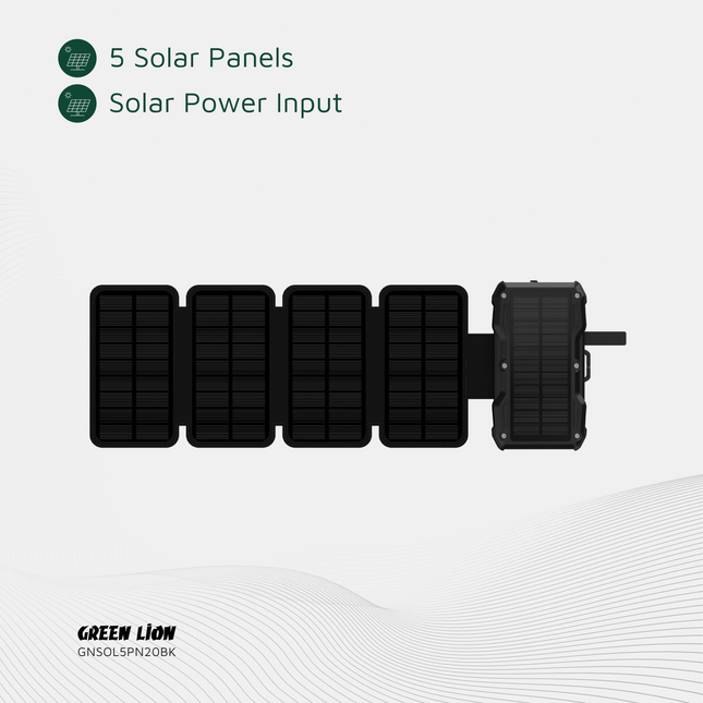 GREEN LION SOLAR 5-PANEL 20000MAH POWER BANK PD20W - BLACK - Stay charged anywhere with the GREEN LION Solar 5-Panel Power Bank in sleek black