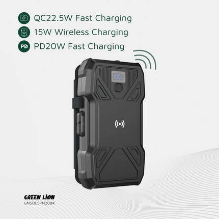 GREEN LION SOLAR 5-PANEL 20000MAH POWER BANK PD20W - BLACK - Stay charged anywhere with the GREEN LION Solar 5-Panel Power Bank in sleek black