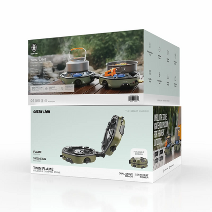 The Green Lion Twin Flame Foldable Camping Stove is designed for campers and outdoor athletes, ensuring versatile heavy-duty cooking. Made from extra 