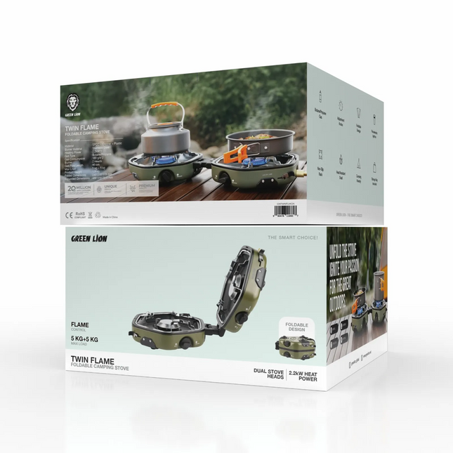 The Green Lion Twin Flame Foldable Camping Stove is designed for campers and outdoor athletes, ensuring versatile heavy-duty cooking. Made from extra 