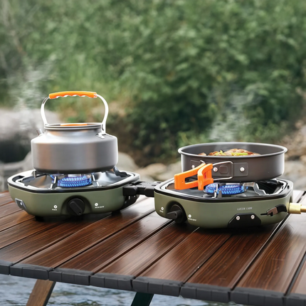 The Green Lion Twin Flame Foldable Camping Stove is designed for campers and outdoor athletes, ensuring versatile heavy-duty cooking. Made from extra 