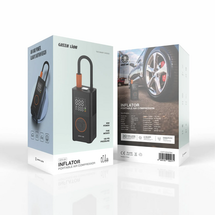 The Green Lion GTI-01 Inflator Portable Air Compressor is a powerful but small and compact inflating tool. It is robustly made from ABS + metal, with 