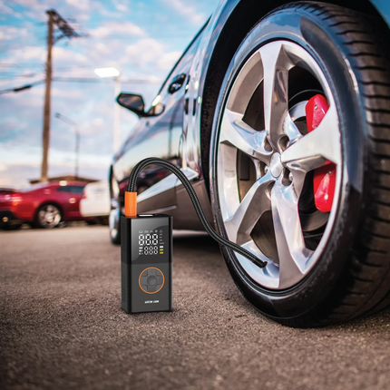 The Green Lion GTI-01 Inflator Portable Air Compressor is a powerful but small and compact inflating tool. It is robustly made from ABS + metal, with 