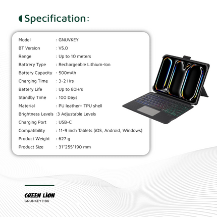 The Green Lion Universal Smart Keyboard Case is great and stylish for 9-11-inch tablets; it perfectly fits iOS, Android, and Windows and connects via 