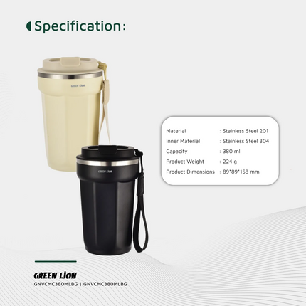The Green Lion Vacuum Mug 380mL-Excellent, stylish, and practical, ready to accompany your daily hydration. The exterior is made of high-quality stain