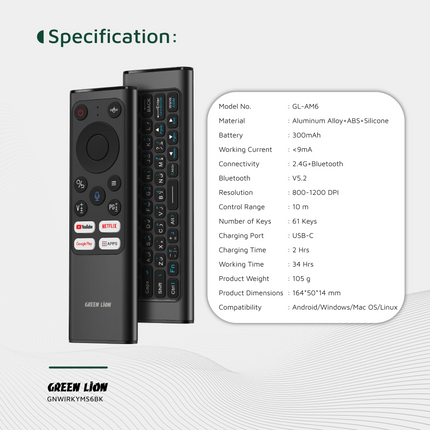 The Green Lion Wireless Remote Pro with Keyboard and Mouse combines functionality and convenience in one sleek device. Constructed using a durable alu