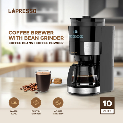 LePresso 1.2L 10 Cup Grinding Coffee Machine with Warming Base BS plug - Whether you looking to serve a large group of people or simply want to enjoy a .