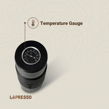 Temperature gauge on a cylindrical device with 'LéPRESSO' branding on a beige background