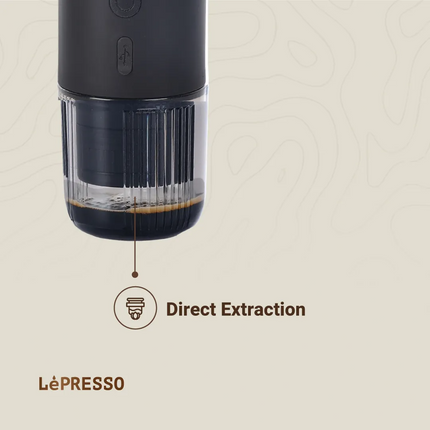 LePresso coffee extraction device with coffee dripping on a beige background