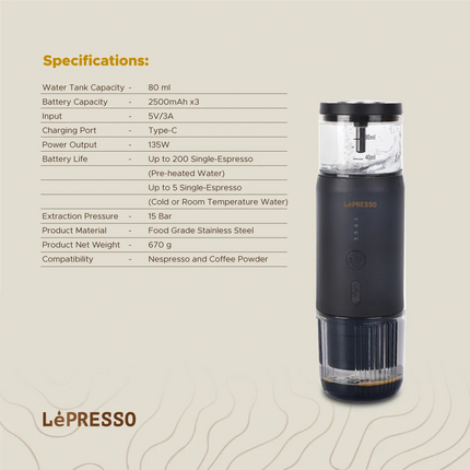 LePresso coffee machine with specifications listed on a beige background