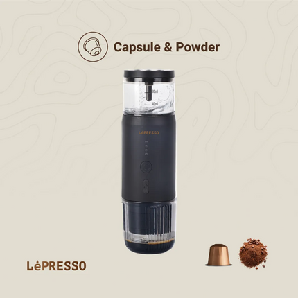 LePresso coffee maker with capsules and powder on a beige background