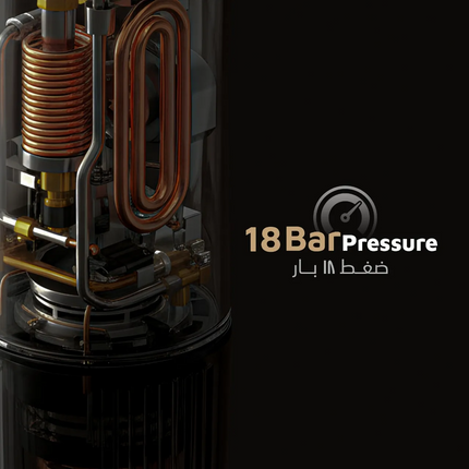 Close-up of mechanical components with '18 Bar Pressure' branding on a dark background