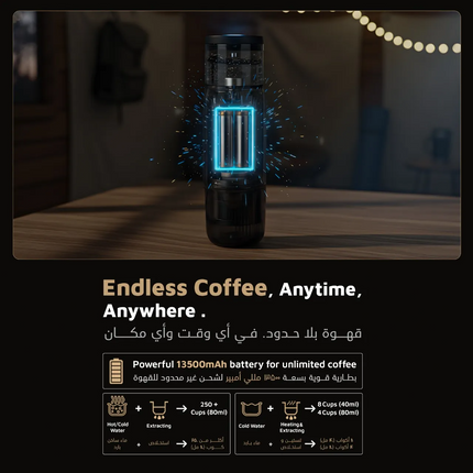 Portable coffee maker with blue light on a wooden surface, text about endless coffee availability.