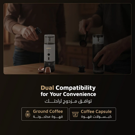 Person using a coffee grinder with text about dual compatibility for ground coffee and coffee capsules.