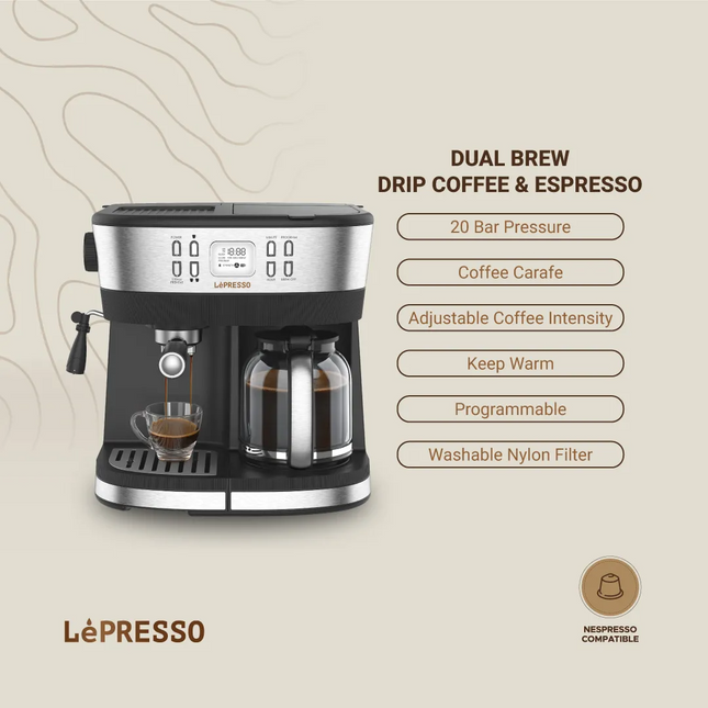 Start your day off ideally with the LePresso Dual Brew Drip Coffee &amp; Espresso in stylish Black. This versatile coffee maker melds drip coffee conv