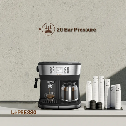 Start your day off ideally with the LePresso Dual Brew Drip Coffee &amp; Espresso in stylish Black. This versatile coffee maker melds drip coffee conv