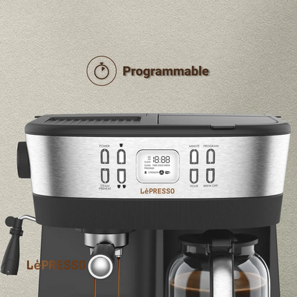 Start your day off ideally with the LePresso Dual Brew Drip Coffee &amp; Espresso in stylish Black. This versatile coffee maker melds drip coffee conv