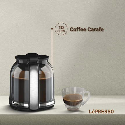Start your day off ideally with the LePresso Dual Brew Drip Coffee &amp; Espresso in stylish Black. This versatile coffee maker melds drip coffee conv