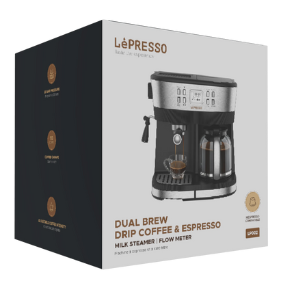 Start your day off ideally with the LePresso Dual Brew Drip Coffee &amp; Espresso in stylish Black. This versatile coffee maker melds drip coffee conv