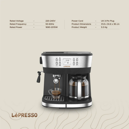 Start your day off ideally with the LePresso Dual Brew Drip Coffee &amp; Espresso in stylish Black. This versatile coffee maker melds drip coffee conv