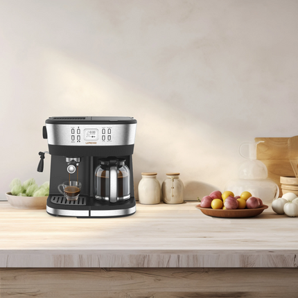Start your day off ideally with the LePresso Dual Brew Drip Coffee &amp; Espresso in stylish Black. This versatile coffee maker melds drip coffee conv