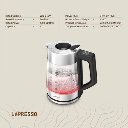 LEPRESSO 1.7L GLASS KETTLE 2200W - BLACK
