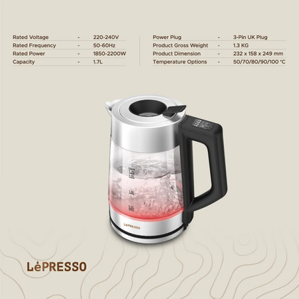 LEPRESSO 1.7L GLASS KETTLE 2200W - BLACK