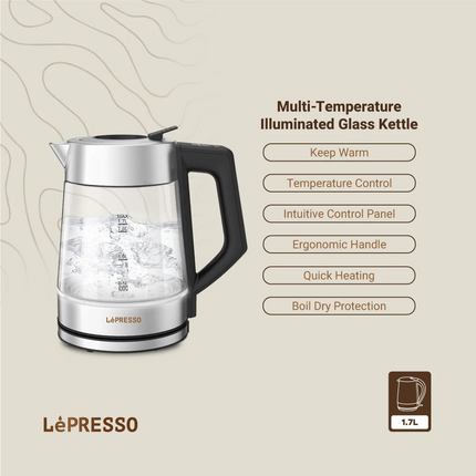 LePresso multi-temperature illuminated glass kettle on a beige background