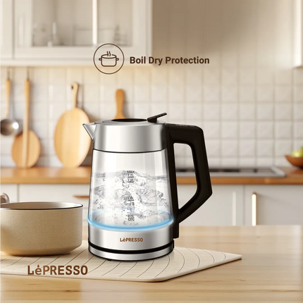 Le'PRESSO electric kettle on a kitchen counter with 'Boil Dry Protection' feature highlighted.
