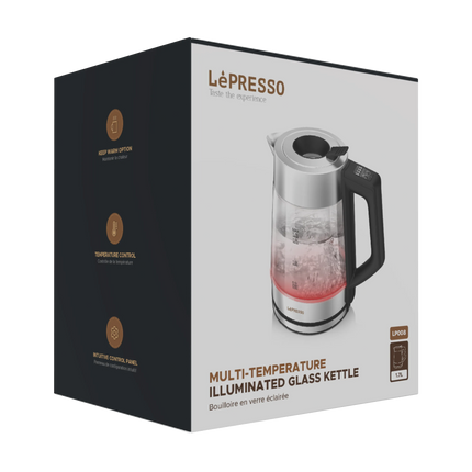 Le'Presso multi-temperature illuminated glass kettle packaging on a white background