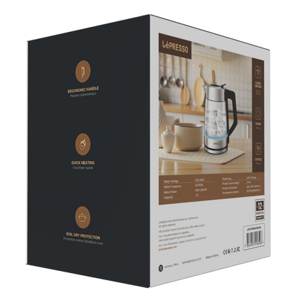 LePresso product packaging with a kitchen scene on the box