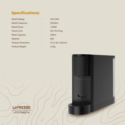 The Lepresso Automatic Capsule Coffee Maker represents premium class, featuring an incredible 1200W powerful motor and a 20-bar pump, which allows eve