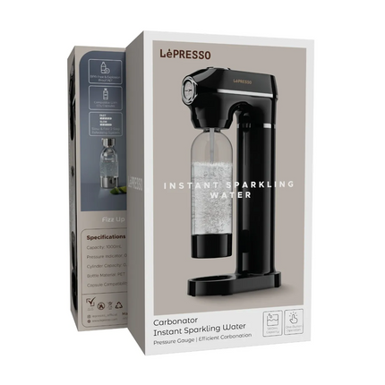 Make every moment easy with the LePresso Carbonator Instant Sparkling Water Maker. The 1-liter carbonator efficiently operates for variable fizz press