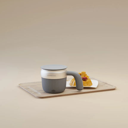 Gray mug with a handle on a beige surface, with a dessert in the background.