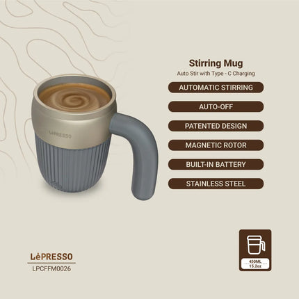 Stirring mug with coffee, features listed on a beige background, LéPresso brand visible