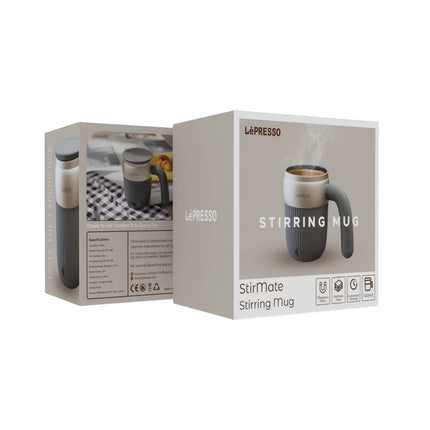 LaPresso StirMate Stirring Mug packaging on a white background
