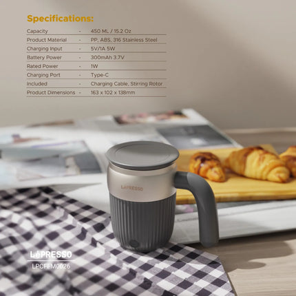 Gray mug with lid on a checkered tablecloth, with product specifications listed above.