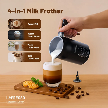 The Lepresso Four Froth Milk Frother is the perfect combination of efficiency and versatility, enabling one to provide high-class coffee froths at hom