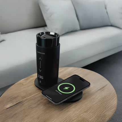 LEPRESSO TRAVEL HEATED MUG 12OZ WITH WIRELESS CHARGING PAD - BLACK