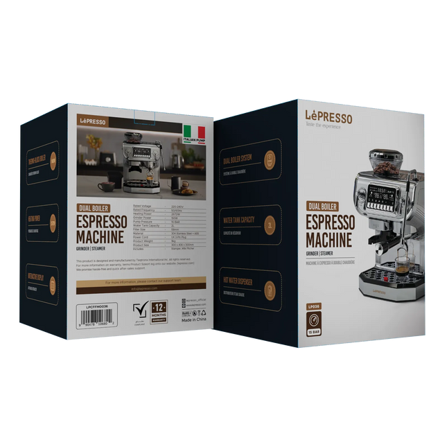 The Lepresso Dual Boiler Espresso Machine is a premium coffee machine for home baristas and coffee connoisseurs. With a high-powered 2672W heating ele