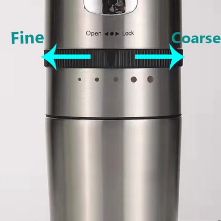 Stainless steel spice grinder with adjustable settings labeled 'Fine' and 'Coarse'.