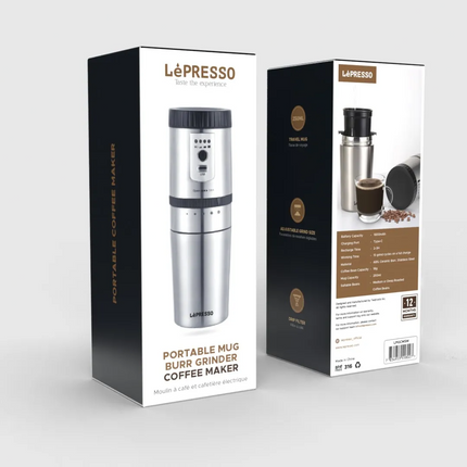 LéPresso portable mug coffee maker packaging on a white background