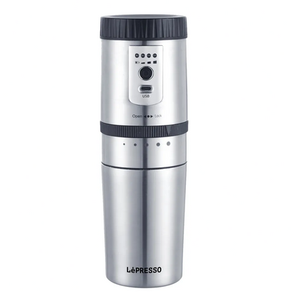Silver Lépresso coffee grinder on a white background