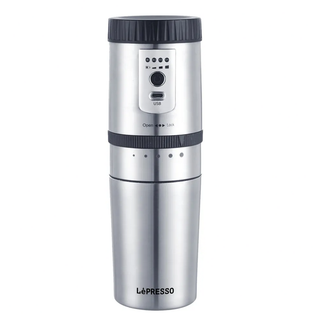 Silver Lépresso coffee grinder on a white background