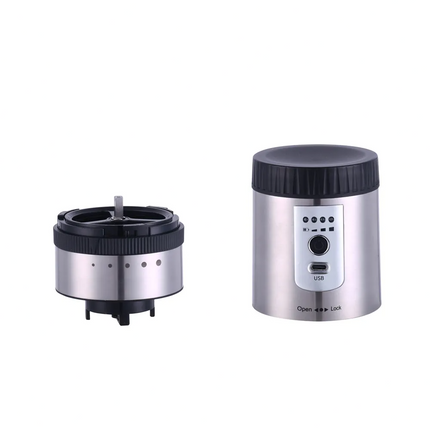Two metallic containers with black lids on a white background