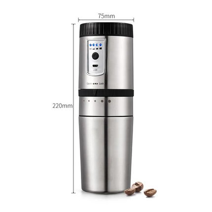 Stainless steel coffee grinder with dimensions on a white background
