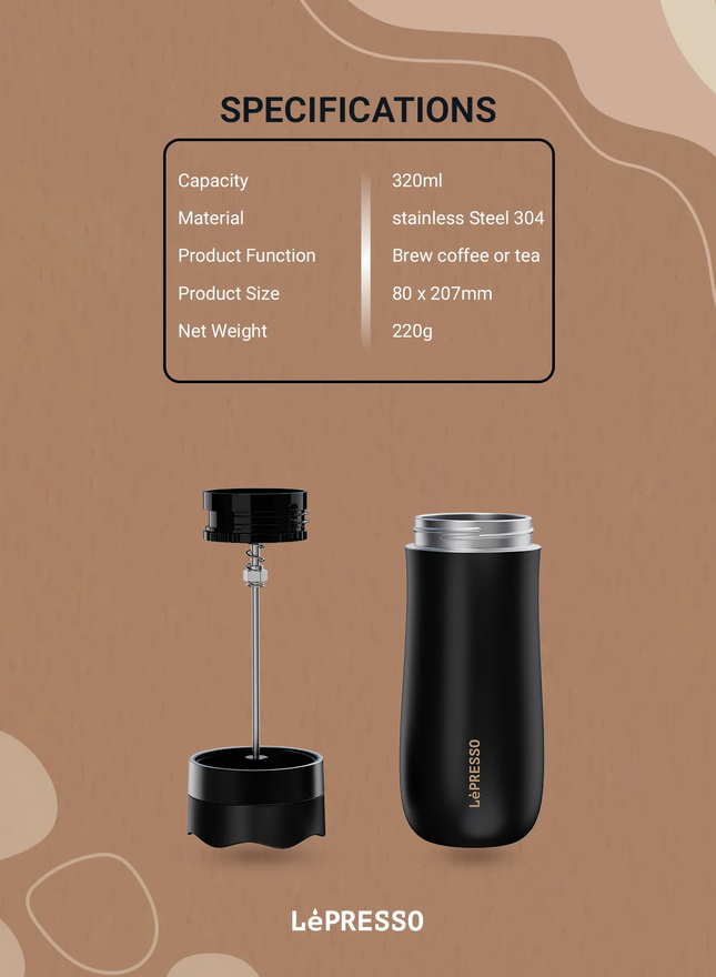 Enjoy a hot brewed coffee with Lepresso Insulated Mug with French Press. The mug capacity is 320ml, and the interior design crafted with dual layers o