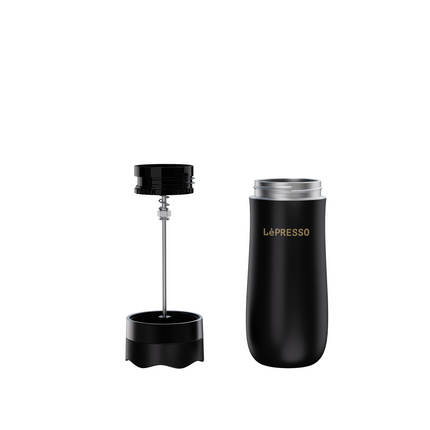 Enjoy a hot brewed coffee with Lepresso Insulated Mug with French Press. The mug capacity is 320ml, and the interior design crafted with dual layers o