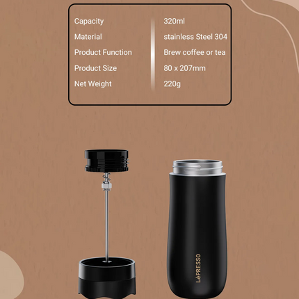 Enjoy a hot brewed coffee with Lepresso Insulated Mug with French Press. The mug capacity is 320ml, and the interior design crafted with dual layers o