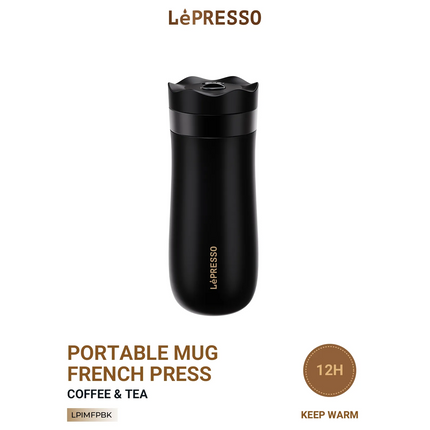 Enjoy a hot brewed coffee with Lepresso Insulated Mug with French Press. The mug capacity is 320ml, and the interior design crafted with dual layers o
